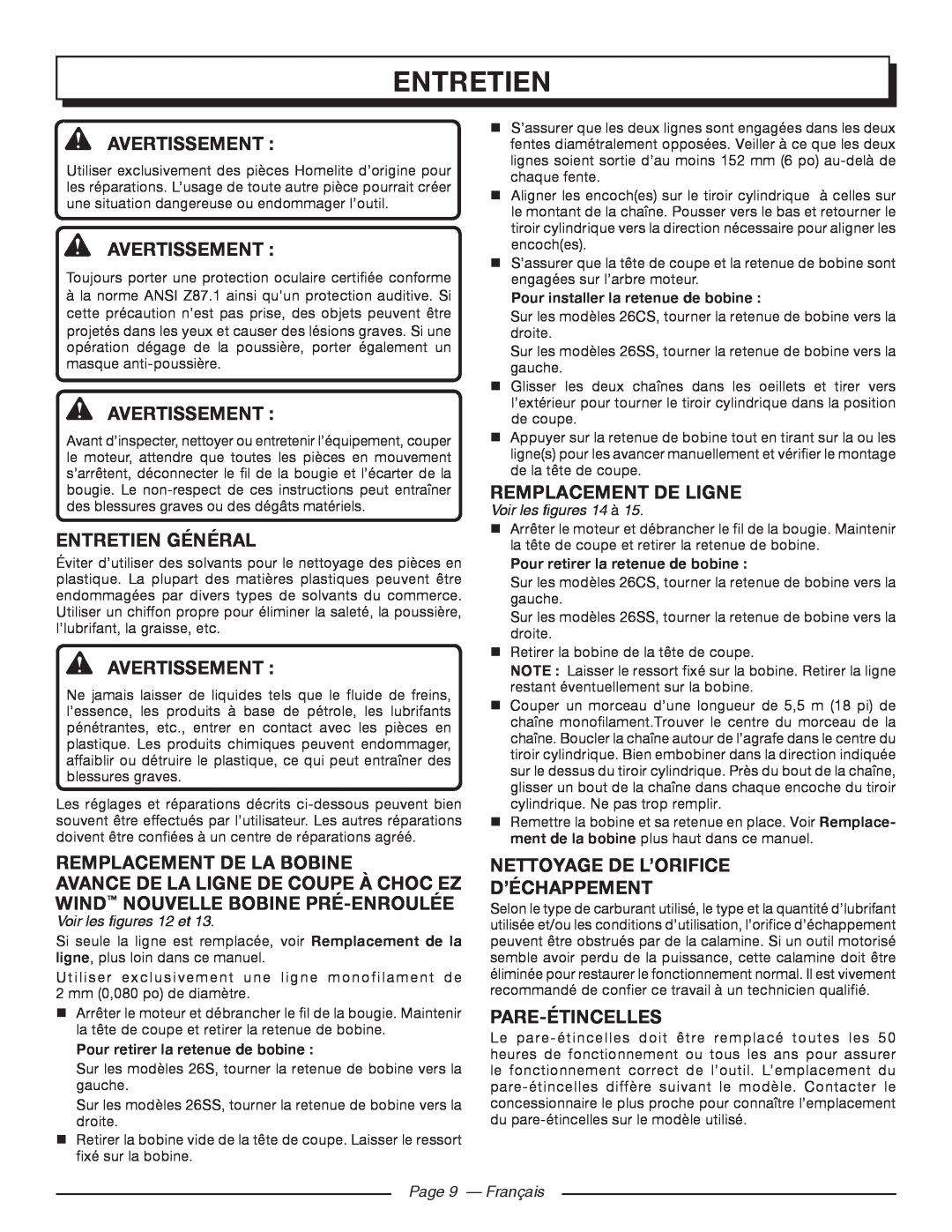 Homelite UT21006 Entretien Général, Remplacement De Ligne, Remplacement De La Bobine, Pare-Étincelles, Avertissement  
